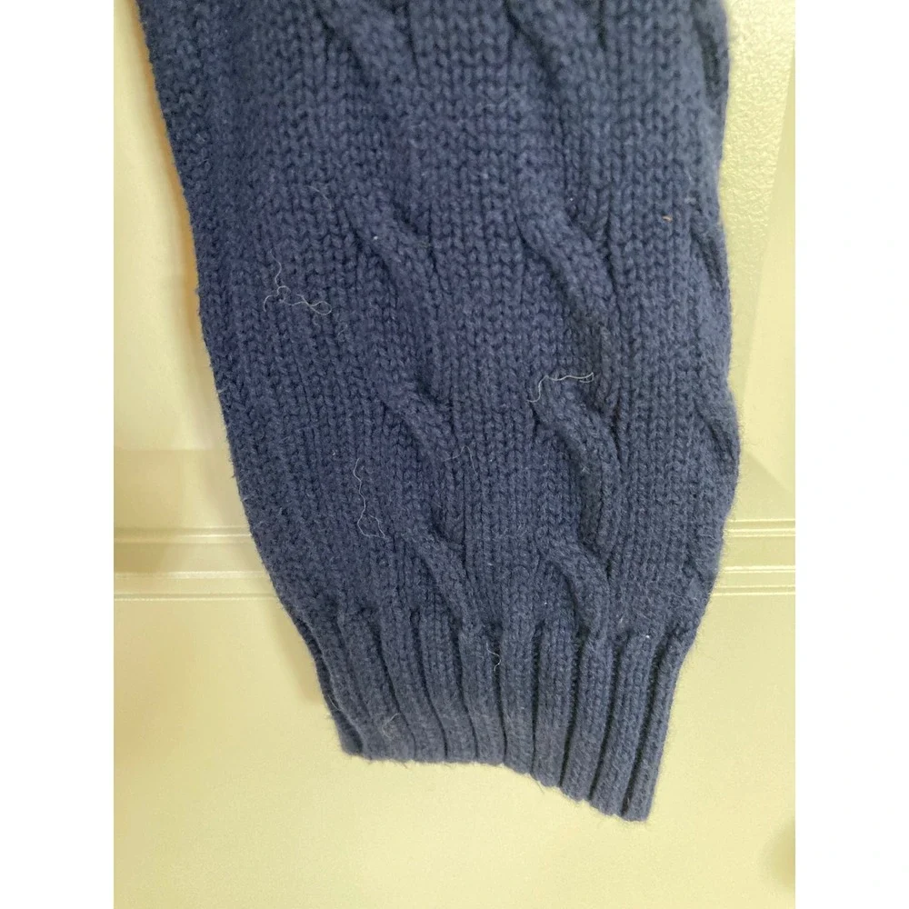 Ralph Lauren Sport Navy Blue Cable Knit V-Neck Cotton Sweater Pink Pony Large
